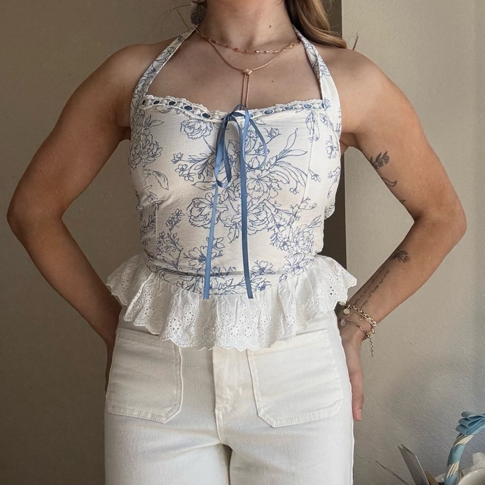 Blue Floral Halter Peplum Top — Women's Cream & Blue